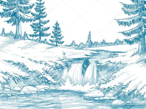 Mountain river pencil drawing — Stock Vector © Danussa #7033045