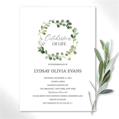 Memorial Service Invitation Printable for a Celebration of Life