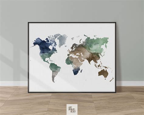 Vibrant Watercolor World Map Wall Art Poster | Earthy Tones | Multiple ...