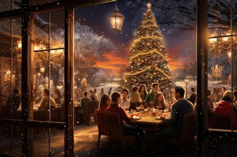 Premium AI Image | Christmas dinner in a restaurant at night with a Christmas tree in the ...