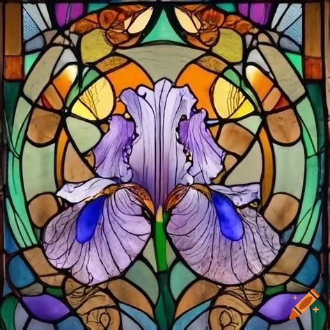 Art nouveau stained glass of iris flowers