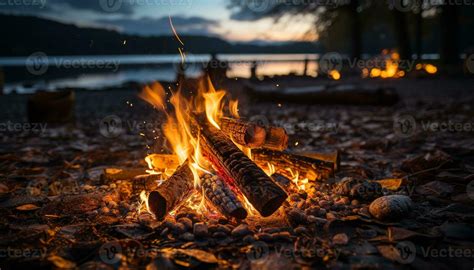 Glowing campfire in the dark forest, a perfect autumn relaxation ...