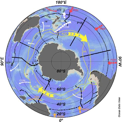 Map of the Southern Hemisphere oceans with the major topographic ...