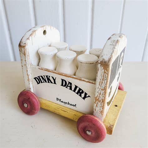 Vintage Wooden Toy DINKY DAIRY Milk Truck w/ 6 Wood Milk Bottles, Playskool 1950's