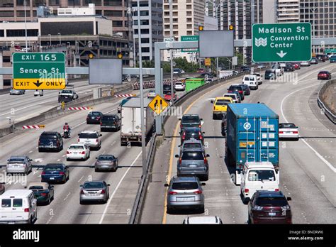 Mid-day traffic on Interstate 5 viewed from Yesler Street overpass ...