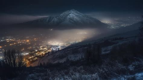 Premium Photo | A snowy mountain is lit up by a snowy night sky.