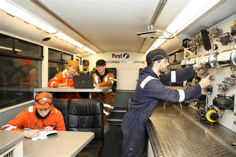 First Bus apprentices inside training bus - Reaseheath College