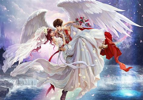 HD wallpaper: male angel illustration, girl, flowers, waterfall, roses, wings | Wallpaper Flare