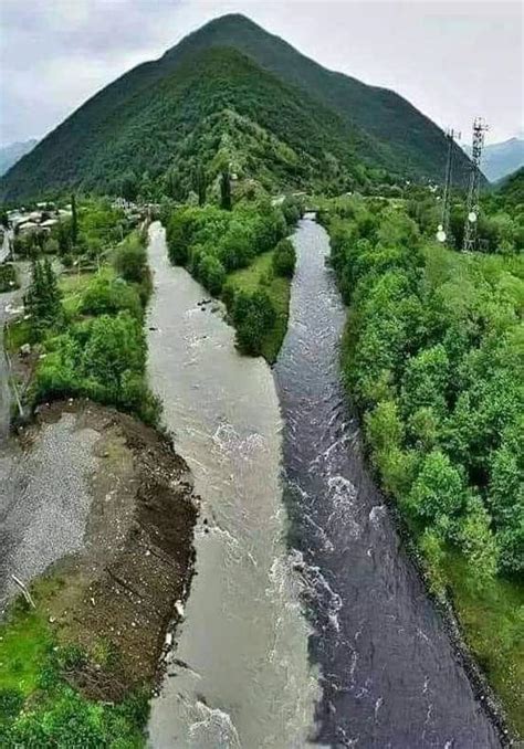 Two rivers meet without mixing in Georgia. Georgia (country) Caucasus ...