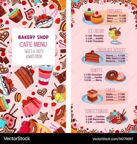 Menu template for bakery shop desserts Royalty Free Vector