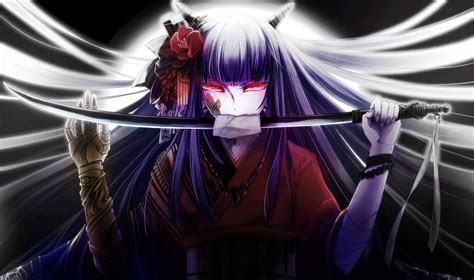 Purple haired demon girl with sword anime character HD wallpaper | Wallpaper Flare