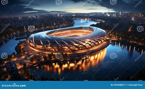 Aerial View of Football Stadium with Lights and Full Gallery Stock Image - Image of city ...