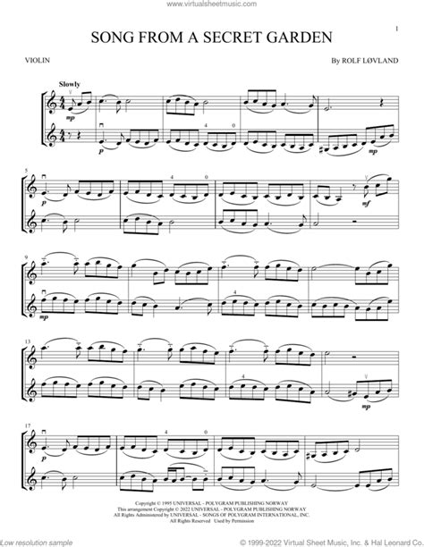 Song From A Secret Garden sheet music for two violins (duets, violin duets)