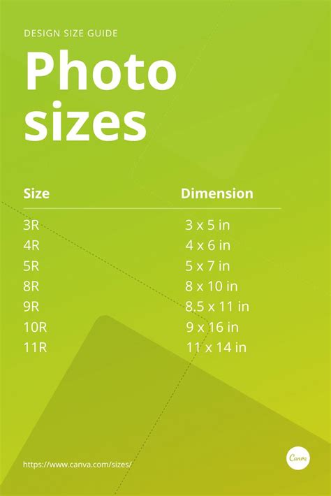 the size guide for photos and sizes on a green background with white text that reads photo sizes