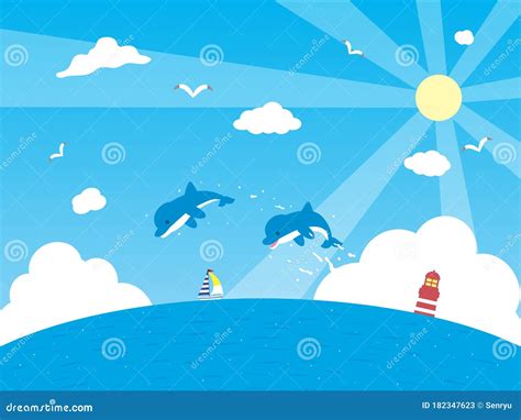 Dolphin Jump With Sunset Background Cartoon Vector | CartoonDealer.com #24773291