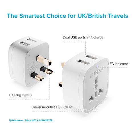 ProGlobe UK Ireland Adapter Plug, Unidapt UK Power Adapter with 2 USB ...