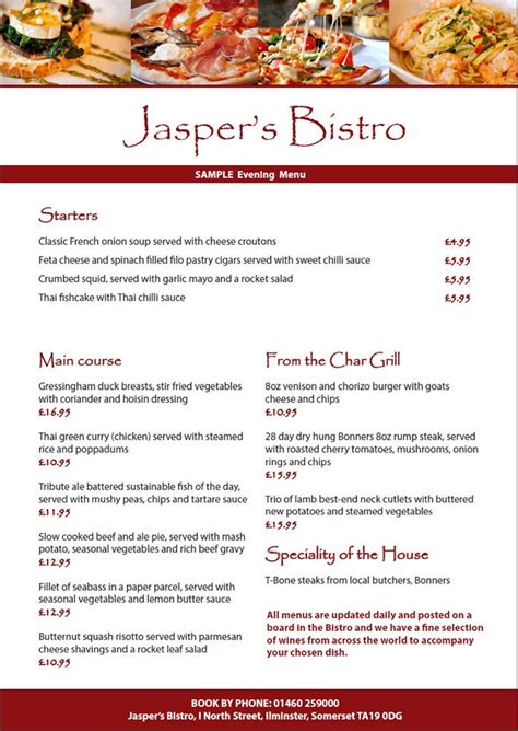 Menu at Jasper's Bistro, Ilminster