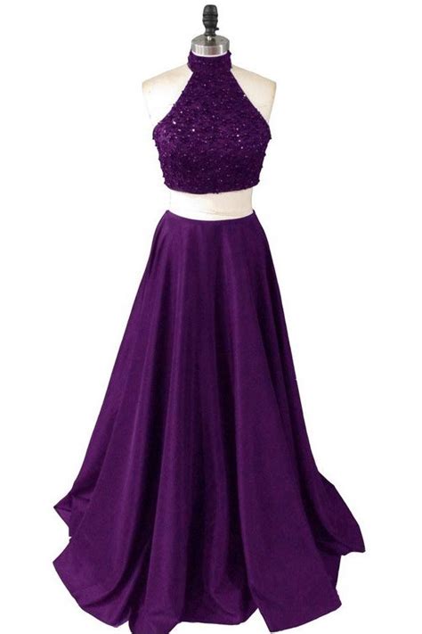 Dark Purple Two Piece Halter Satin Prom Dresses, Two Piece Prom Dresses ...