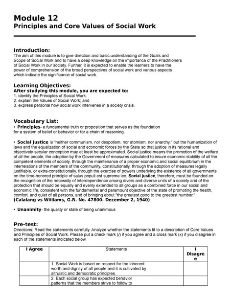 Principles and Core Values of Social Work - Module 12 Principles and ...