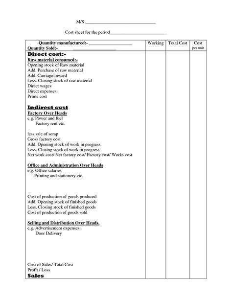 Cost Sheet Format | Cost sheet, Cost sheet format, Sheet format