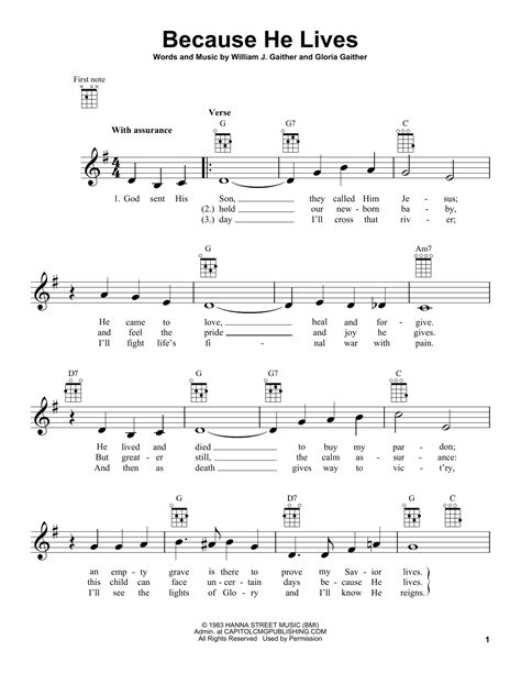 Because He Lives Sheet Music | Gloria Gaither | Ukulele