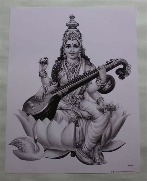 Vintage Hindu Beautiful Black & White Print God Saraswati Sitting On Lotus | Vintage art prints ...