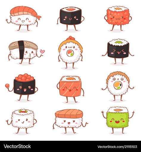 Sushi kawaii japanese food sashimi roll Royalty Free Vector