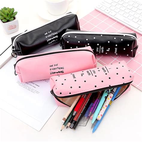 Kawaii creative pink black leather Pencil Case girls bag cute big pen box korean kawai school ...