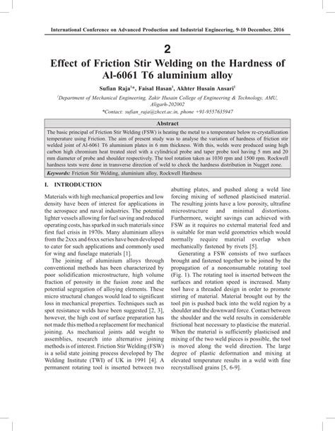 (PDF) Effect of Friction Stir Welding on the Hardness of Al-6061 T6 aluminium alloy