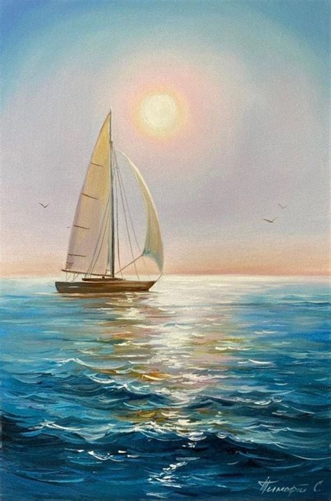 Sailing Ship Sea Oil Painting, Blue Ocean Waves, Original Boat Wall Art, Seascape Canvas ...