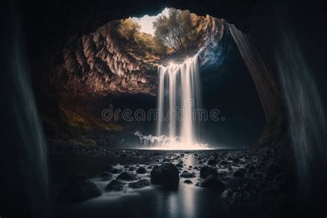 A Waterfall is Seen from the Inside of a Cave with a Waterfall in the Middle of it and a Dark ...