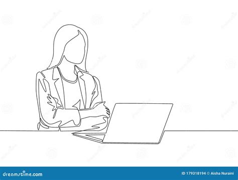 Single Continuous Line Drawing Of Young Female Manager Sitting Calmly ...