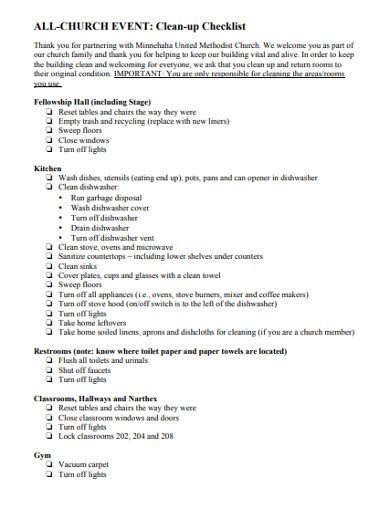 Church Cleaning Checklist - 7+ Examples, Format, Pdf