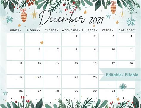 December 2022 Calendar, Beautiful Winter White Christmas with Leaves & Sprinkle Stars Printable ...