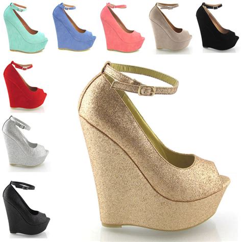 LADIES HIGH HEEL PLATFORM WOMENS PEEP TOE ANKLE STRAP WEDGE SHOES on Luulla