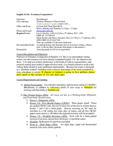 (DOC) Syllabus ENG 111-06 | Dean Ramser, Ed.D. - Academia.edu