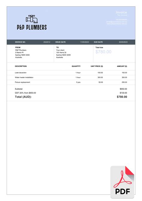 Free Professional Plumbing Invoice Templates in PDF | Billdu