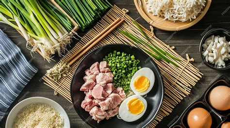 Premium Photo | Japanese Tonkotsu Ramen Ingredients on Bamboo Mat