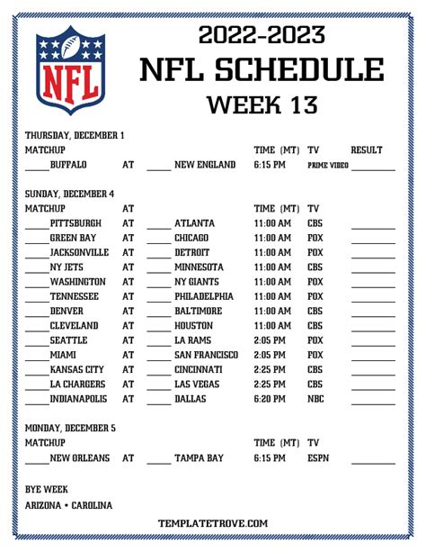 Printable 2022-2023 NFL Schedule Week 13