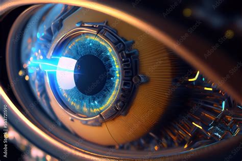 A cyber eye with mechanical details in close-up. A cybernetic eye with ...