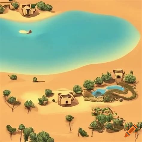 Realistic game level design featuring a desert map with oasis, village ...