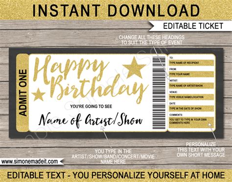 Birthday Concert Ticket Gift Voucher - glitter | Concert ticket gift, Ticket template, Gift ...