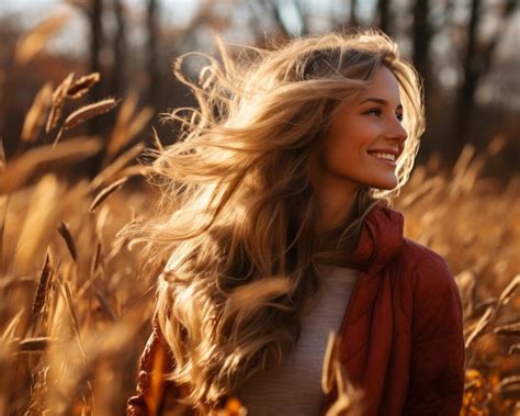 Premium AI Image | a woman with her hair blowing in the wind in a field