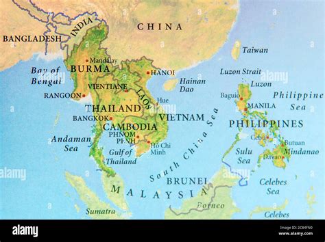 Geographic map of Burma, Thailand, Cambodia, Vietnam and Philippines ...