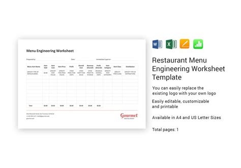 Restaurant Menu Engineering Worksheet Template | Schedule template ...