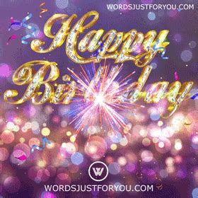 the words happy birthday are written in gold and purple with sparkles ...