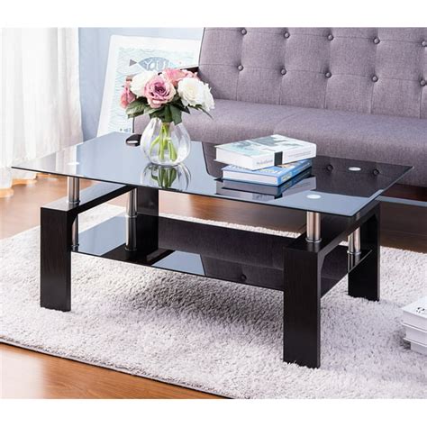 Glass Coffee Table with Rectangular Tabletop Metal Leg, Black Coffee Table in Living Room ...