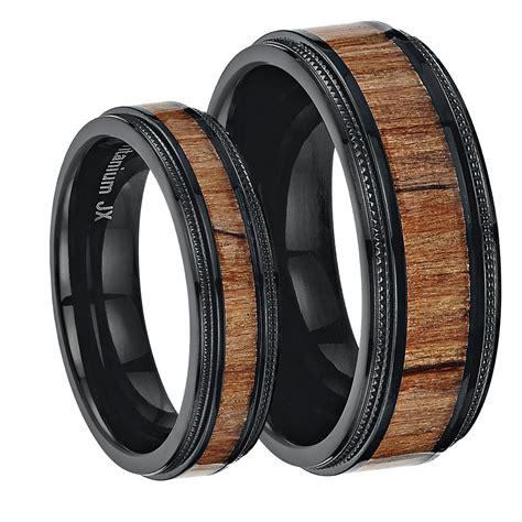 His & Hers Black Titanium Wedding Rings with Inlay Real Genuine Koa Wood - Titanium sets at Elma ...