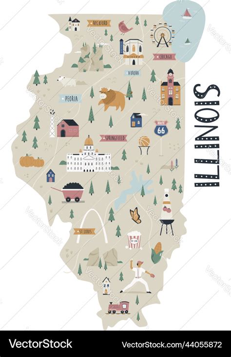 Illinois map state with landmarks and symbols Vector Image