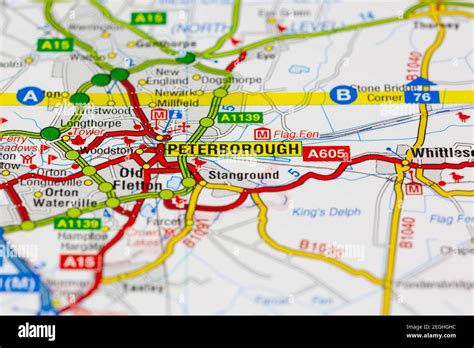 Peterborough and surrounding areas shown on a road map or geography map ...